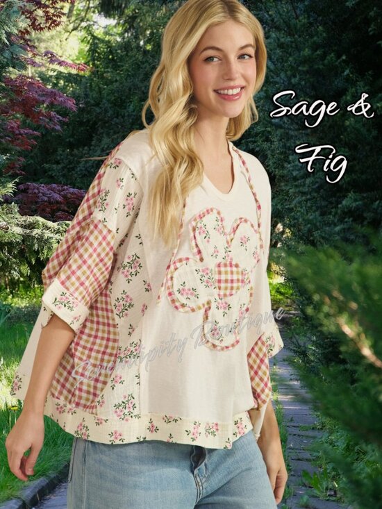 Sage + Fig Tops - Sage & Fig 100% Soft Cotton Gauze Daisy Plaid Patchwork Boho Girly Hoodie Top